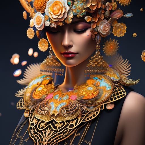 masked woman wearing many different types of flowers