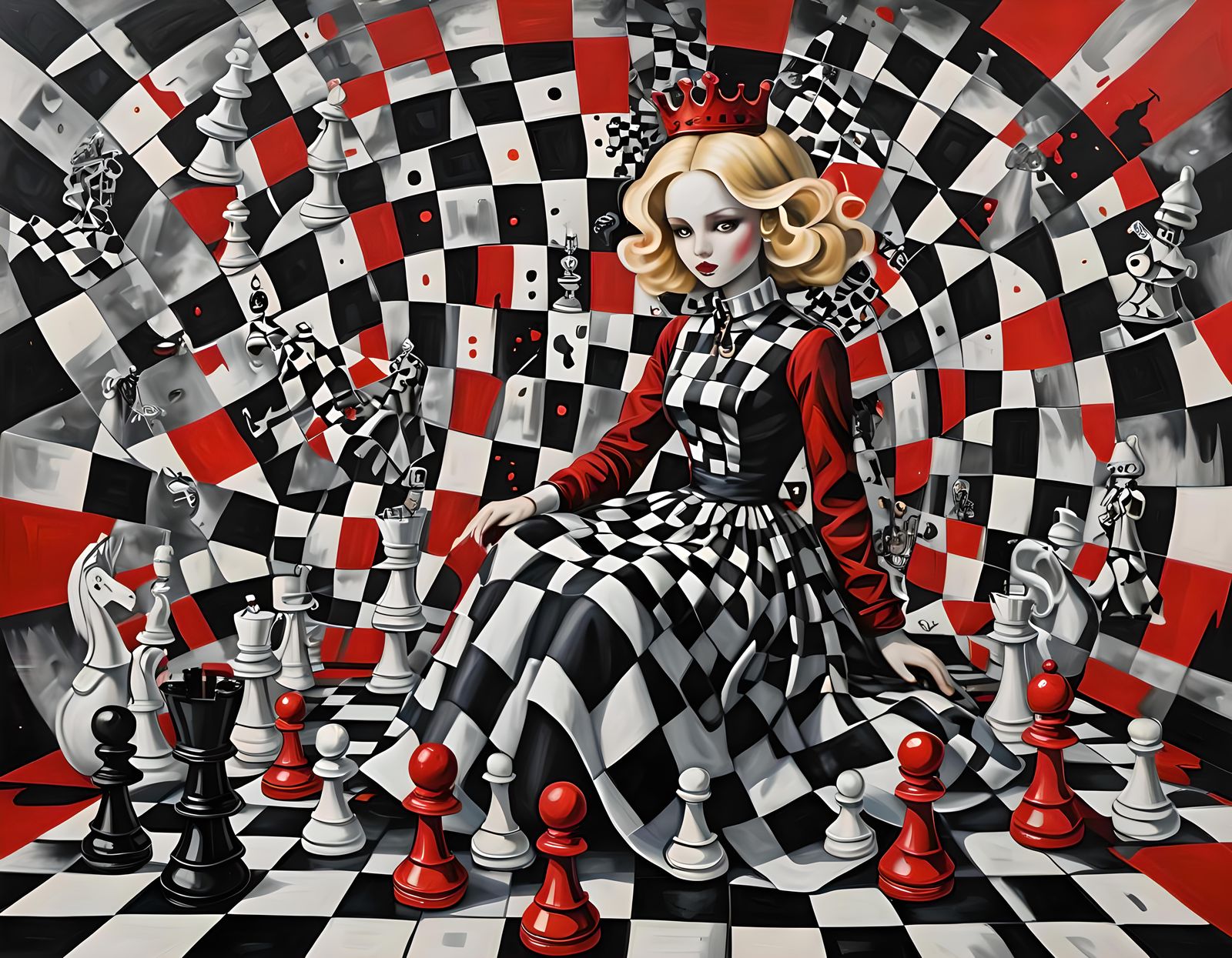 Surreal painting featuring a blonde, doll-like figure sitting on a warped black and white checkered plane ...  by @Vey Telmo