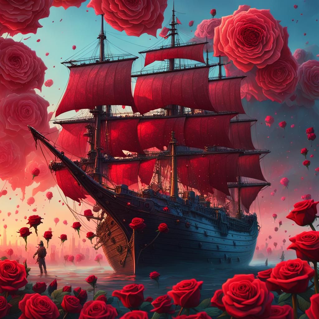 Very realistic. Very detailed. Old sailing ship in cyberpunk style sailing through the field of red roses. Pink sky. 