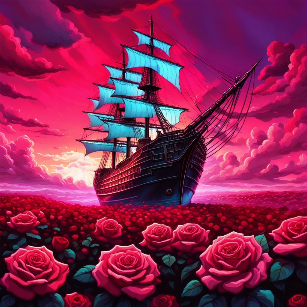 Very realistic. Very detailed. Old sailing ship in cyberpunk style sailing through the field of red roses. Pink sky. 
