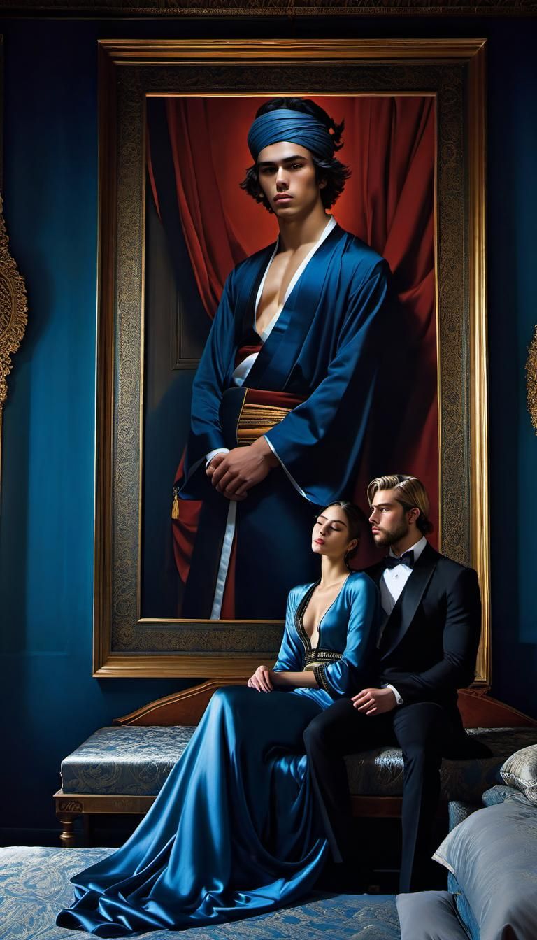 beautiful young couple in love in a harem, in a bedroom aged...