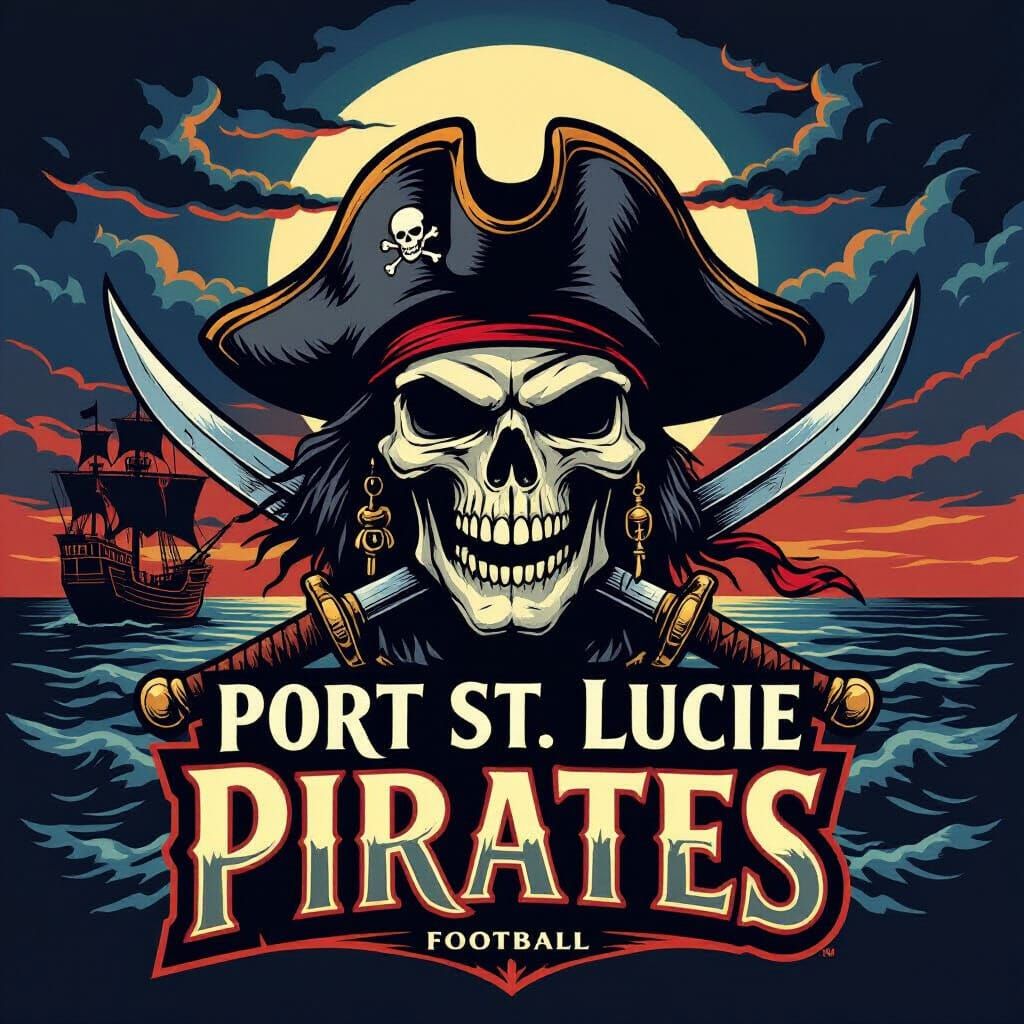 A football team logo called the Port St. Lucie Pirates, with the word Port St. Lucie Pirates, with a really cool background



