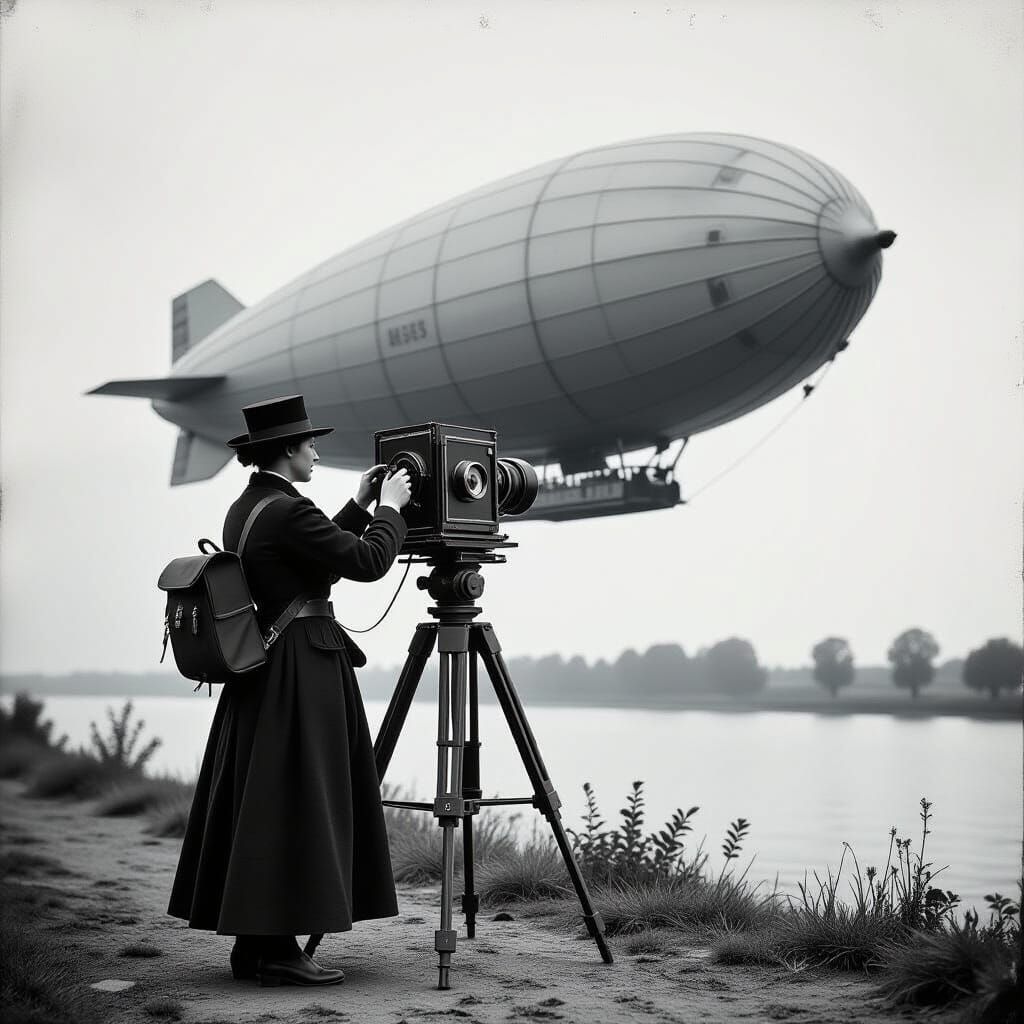 Grainy Black and white picture, style around 1900, Person photografing with a daguerre apperatus the ...  by @undefined