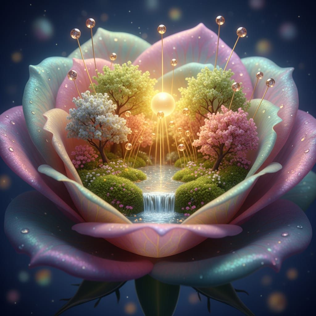 A macro-photography of a surreal composition featuring a giant rosebud with delicate multicolored petals ...  by @Carlotta Cavalli