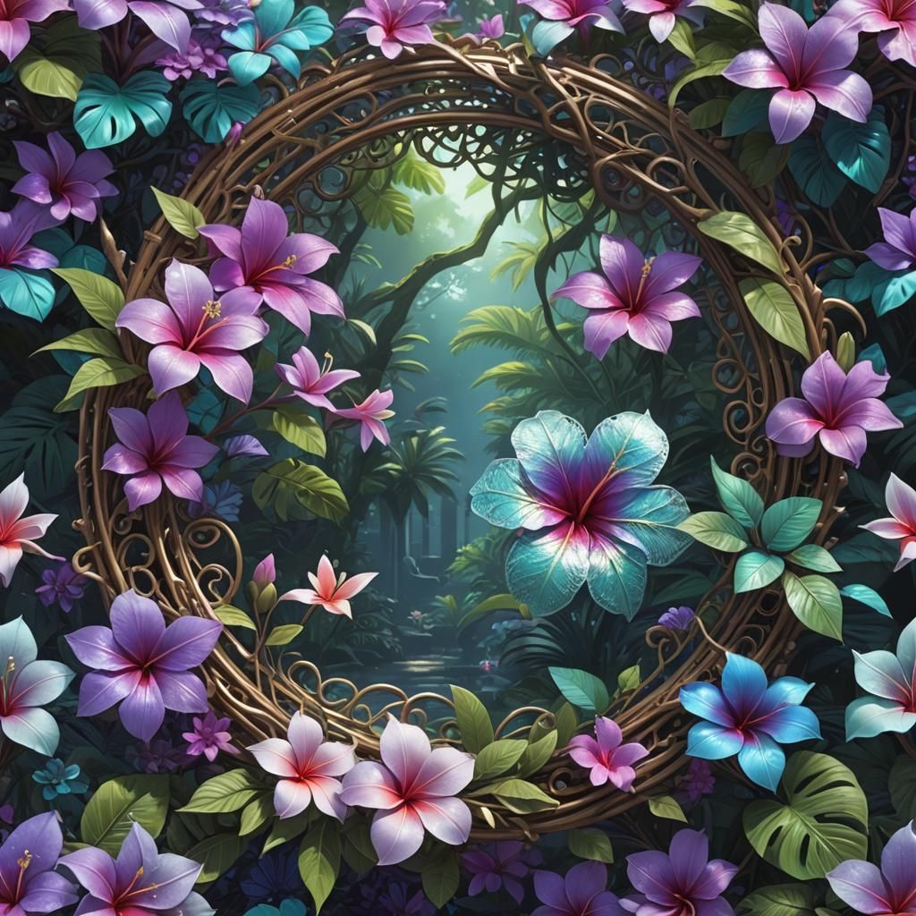 Iridescent Filigree plumeria jungle portal purple aqua iride...