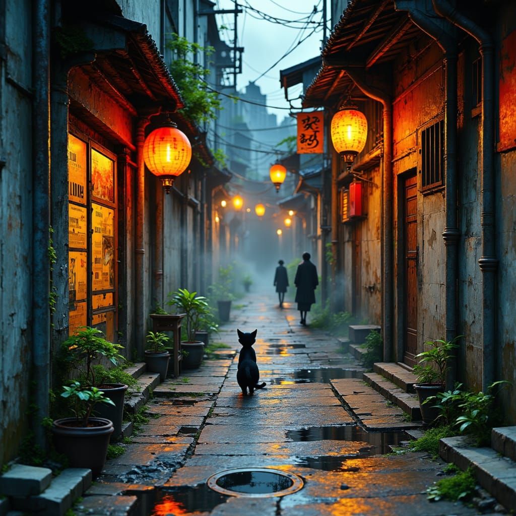 <lora:Akimora:1.0> A hyper-realistic urban alleyway at dusk, with every surface rendered in painstaking detail. The rough concrete walls are...