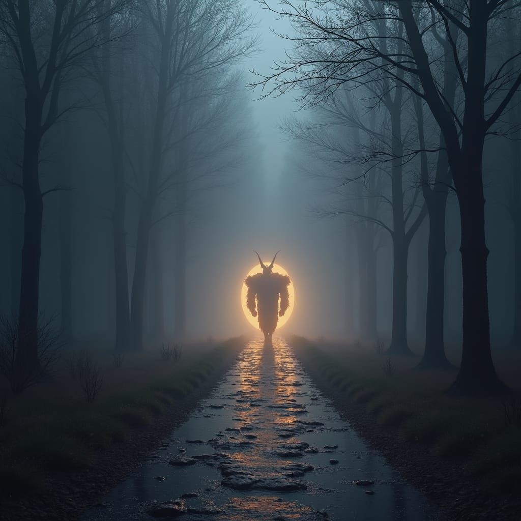 An endless path, dark, glows in the mist of a mystic dreamscape wonderland