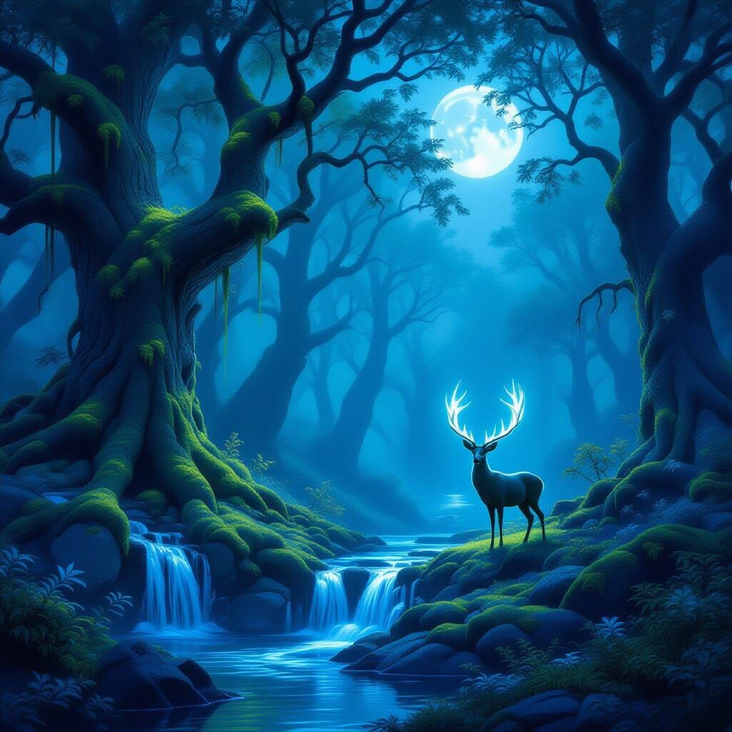 Mystical Moonlight Forest Clearing with Luminous Deer