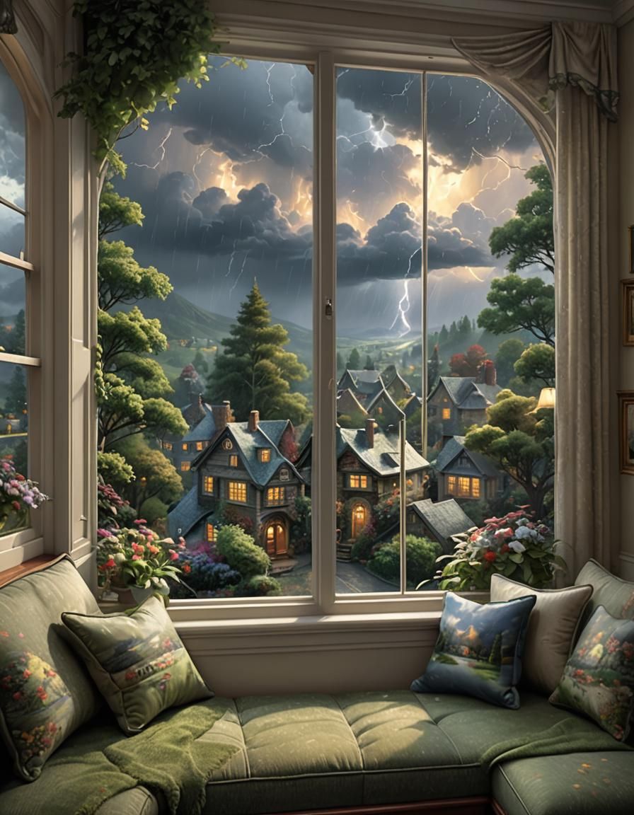 ultrarealistic, insanely detailed window seat with a view of a rainstorm outside the window  in the style ...  by @LTSings