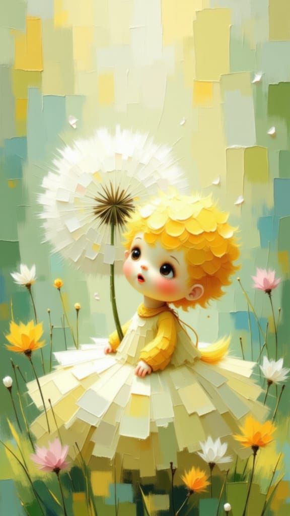 Fluffy Baby Bird in Dandelion Puff, Whimsical Watercolor Sty...