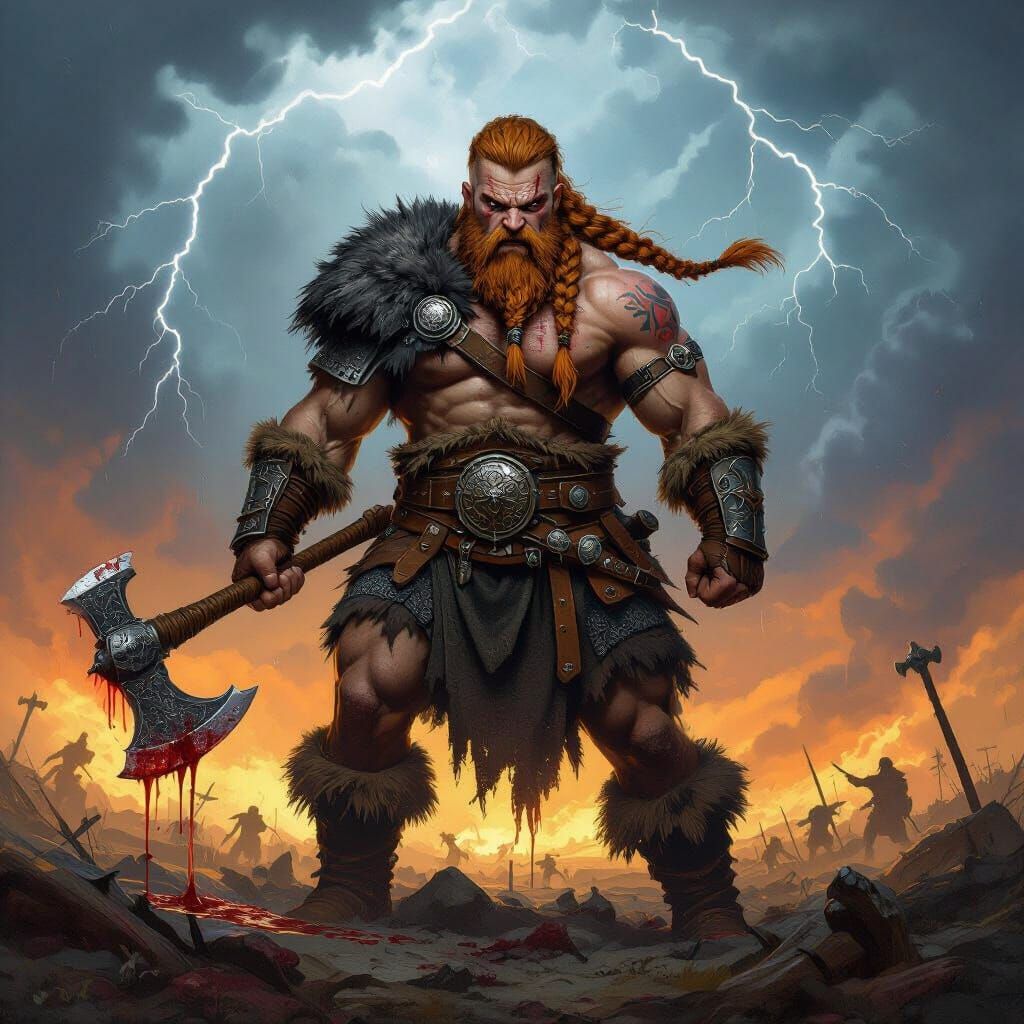A plus-size Viking berserker with auburn hair in a messy braid, standing defiantly on a battlefield littered with the bones of giants, her a...