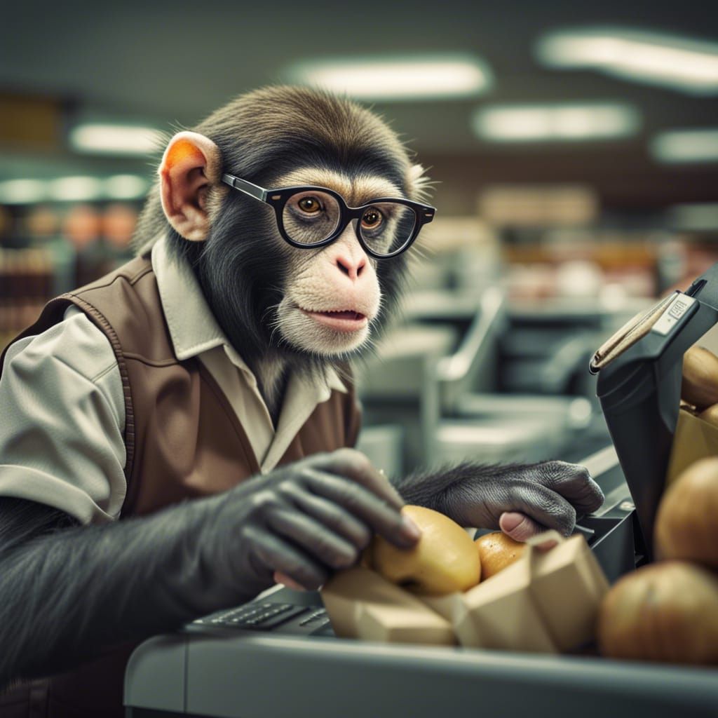 a monkey with glasses working at the checkout in a supermarket, holding a bag  by @undefined
