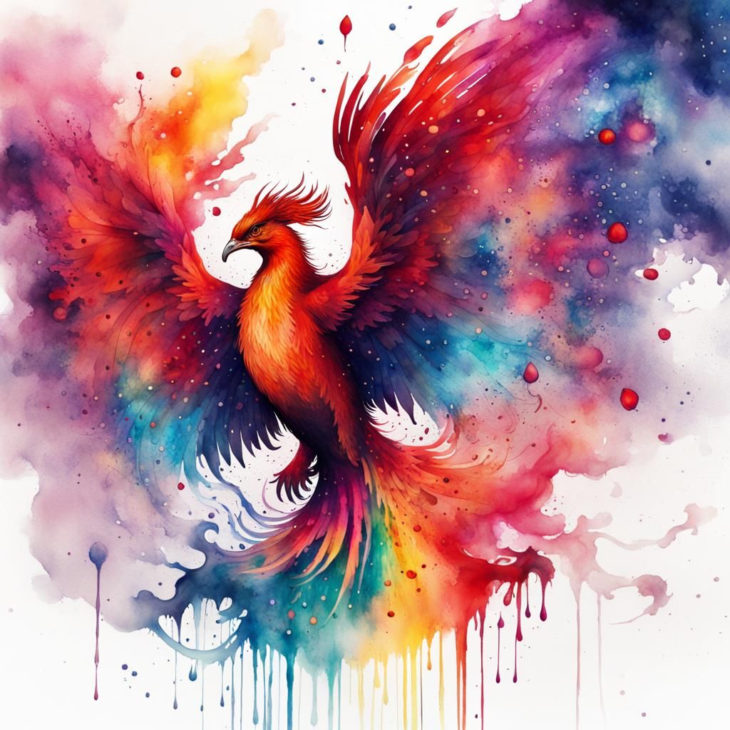 (Ink art of a polychromatic colorful phoenix 1.2). wings are filled with nebula and galaxy, vivid colors, ...  by @Risiam 