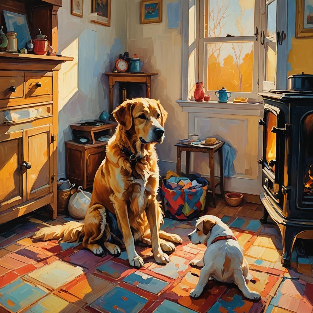 Watchdog Guards Baby in Warm Fauvist Painting