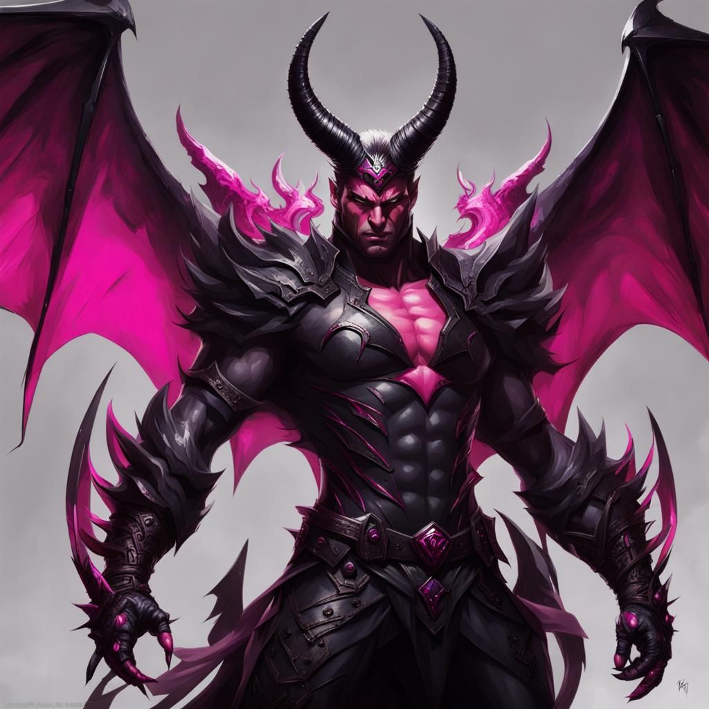 Male Demon with fuchsia skin and black horns, bat wings, Buff, athletic ...