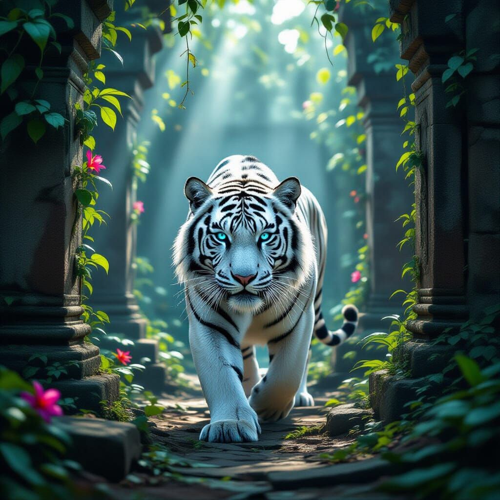 A majestic white tiger with glowing sapphire eyes stalks through an ancient, overgrown temple ruin. Vines twist around crumbling stone pilla...