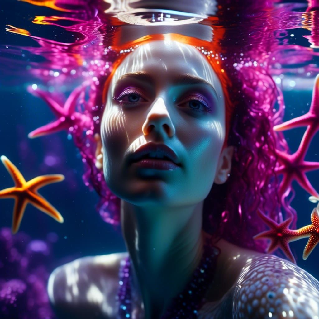 <lora:Surface Reflections:1.0> Hyperrealistic 8k professional underwater portrait, bright colours, anthromorphic starfish alien girl under w...