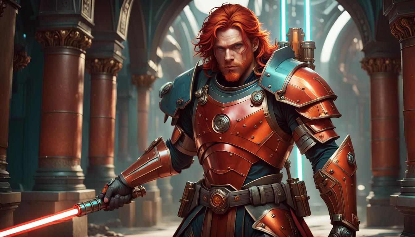 Red Headed Male Baylan Skoll in red colored Heavy Armor hold...