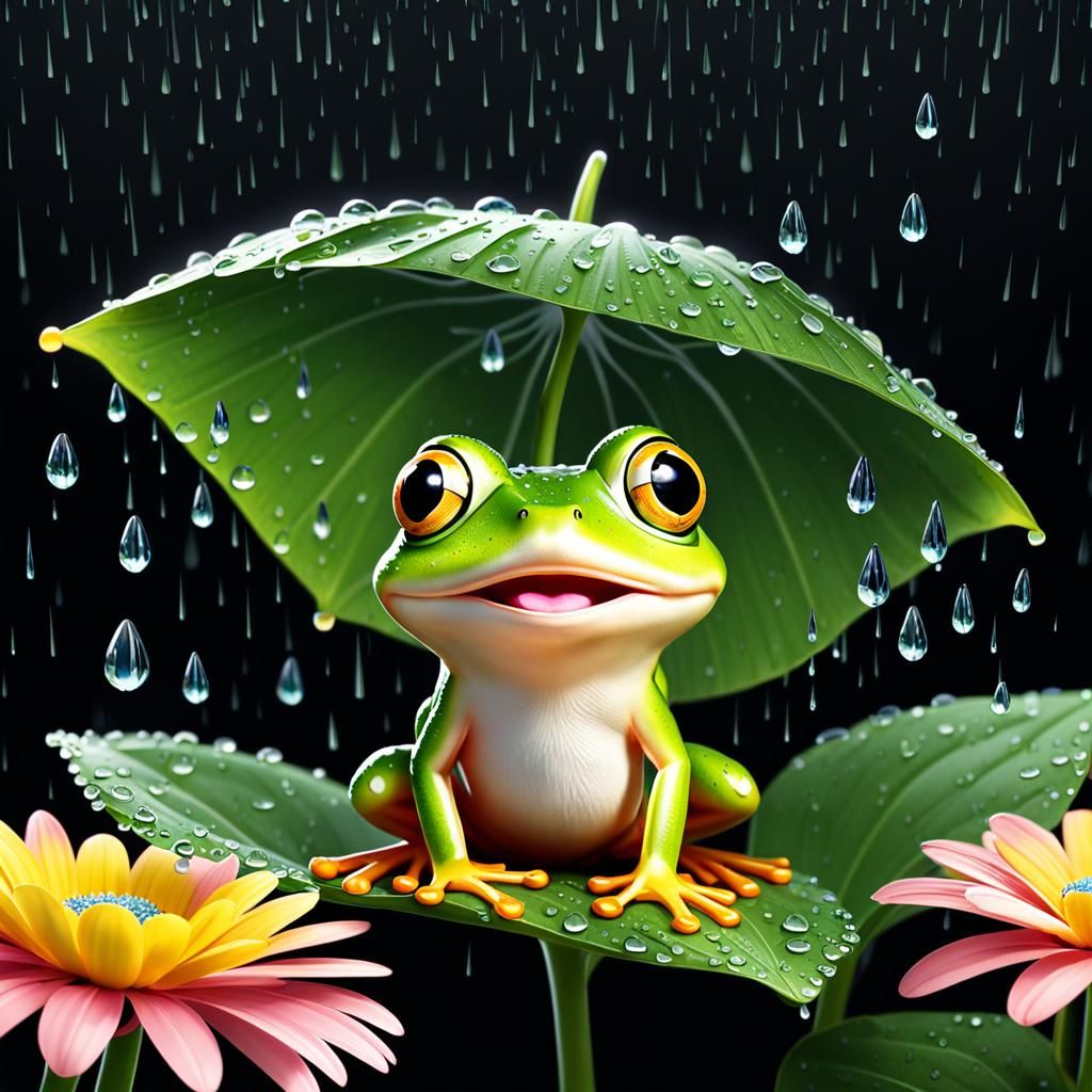 a high definition cartoon image of raining scenery where a tiny cute green frog is using a large leaf as a shelter,  a flower soaking wet in...