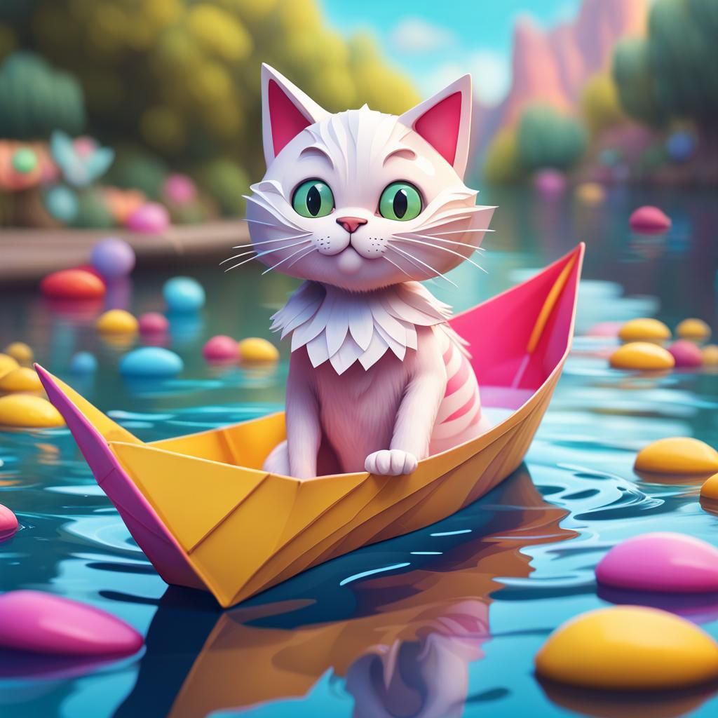 A cat in a paper boat on a river Candy art style! Whimsical playful colorful! candy!!! 🍬🍭 Candyland art!! “Hyperrealis...