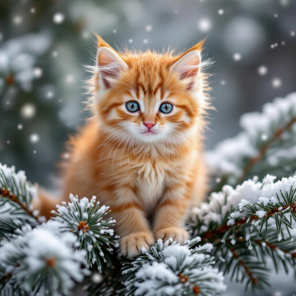 Tiny ginger kitten with bright blue eyes sitting on a snowy pine branch in a winter wonderland. Fluffy fur, warm amber tones, soft snowflake...