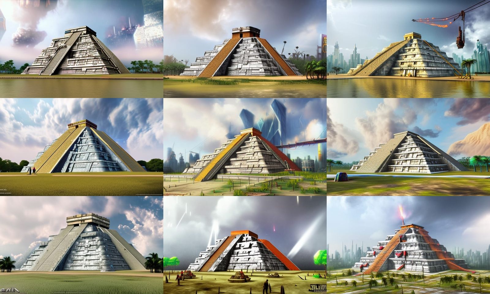 mayan pyramid made out of steel in the Middle of tall cyberp...