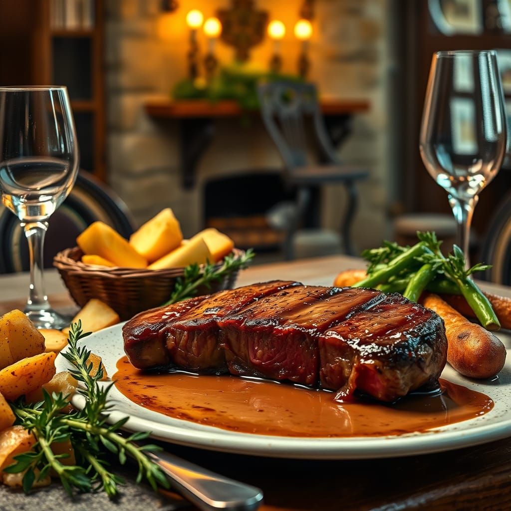 A masterpiece detailed illustration of a great steak dinner, potatoes beautiful image classic France ...  by @Chuma Sam