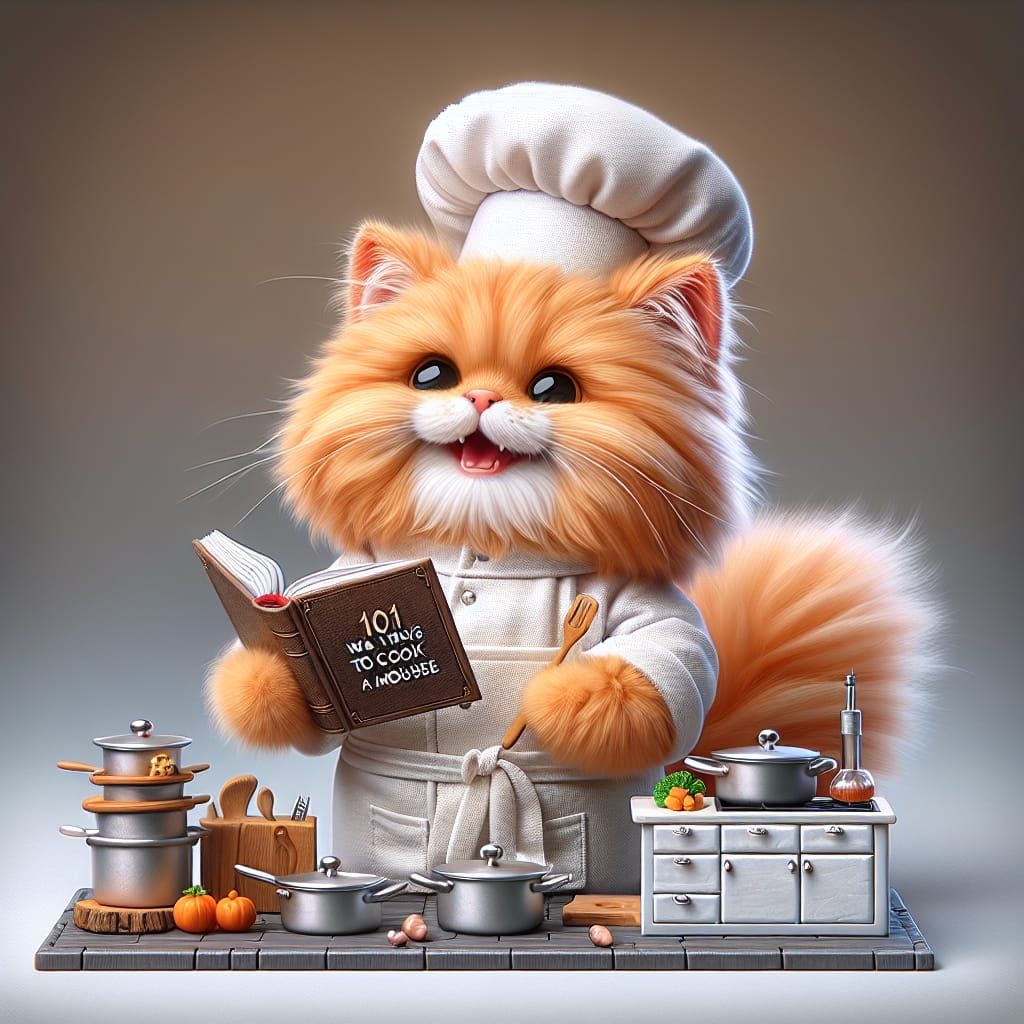 Realistic cartoon, very detailed, of a cute fluffy grinning orange cat dressed as a chef in a miniature ...  by @Morning Dawn