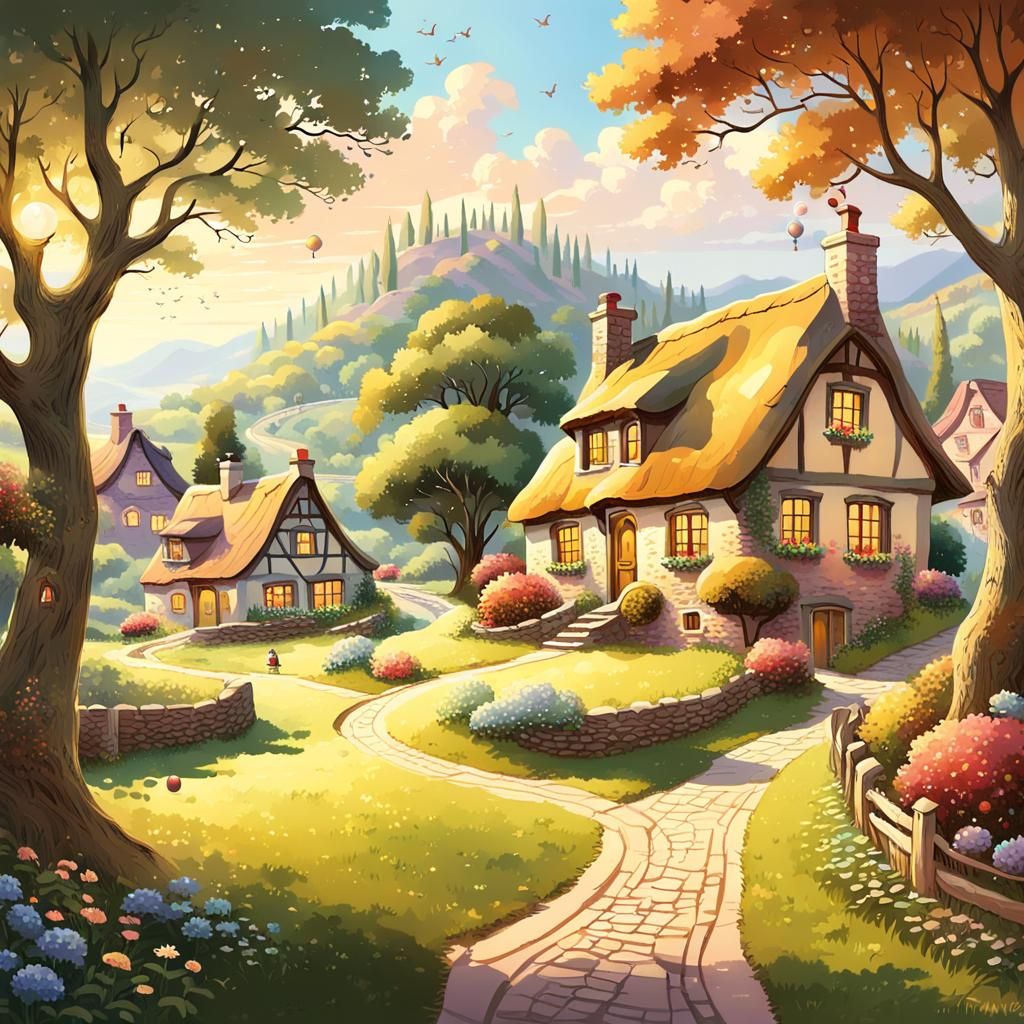 Vibrant Village Scene with Children at Play