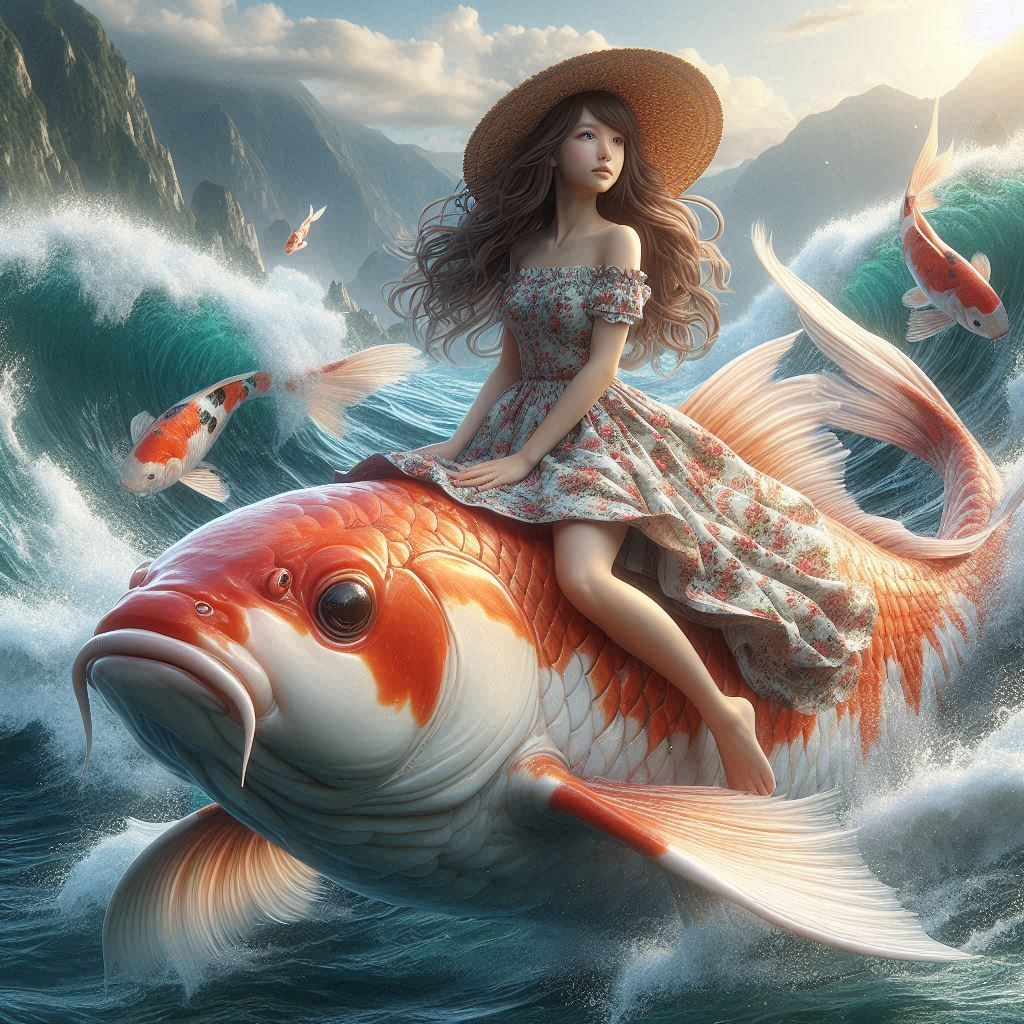 Beautiful girl riding a Koi