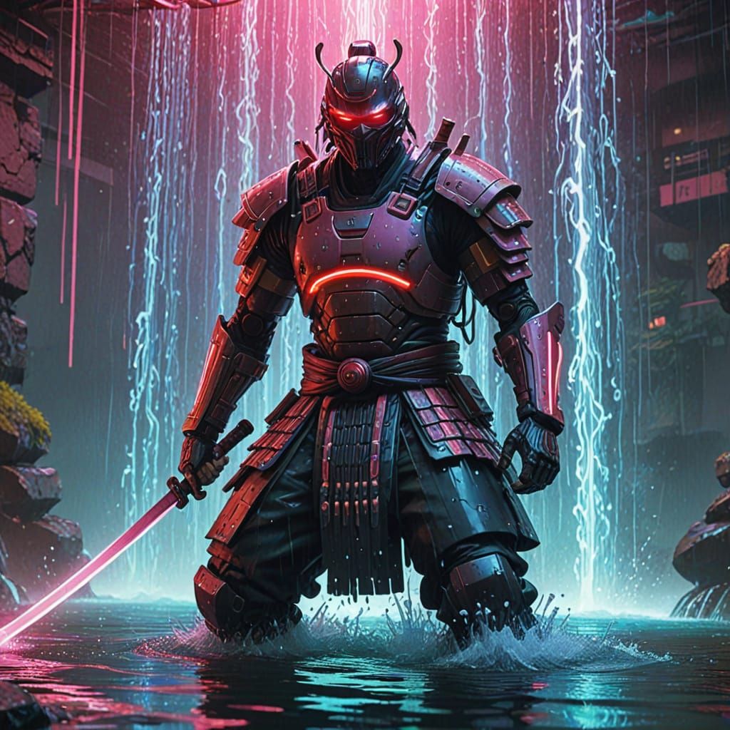 Splash art. A cyborg samurai slices through a digital waterfall in a neon-lit dojo. Binary code flows around him like mist. Dynamic lighting...