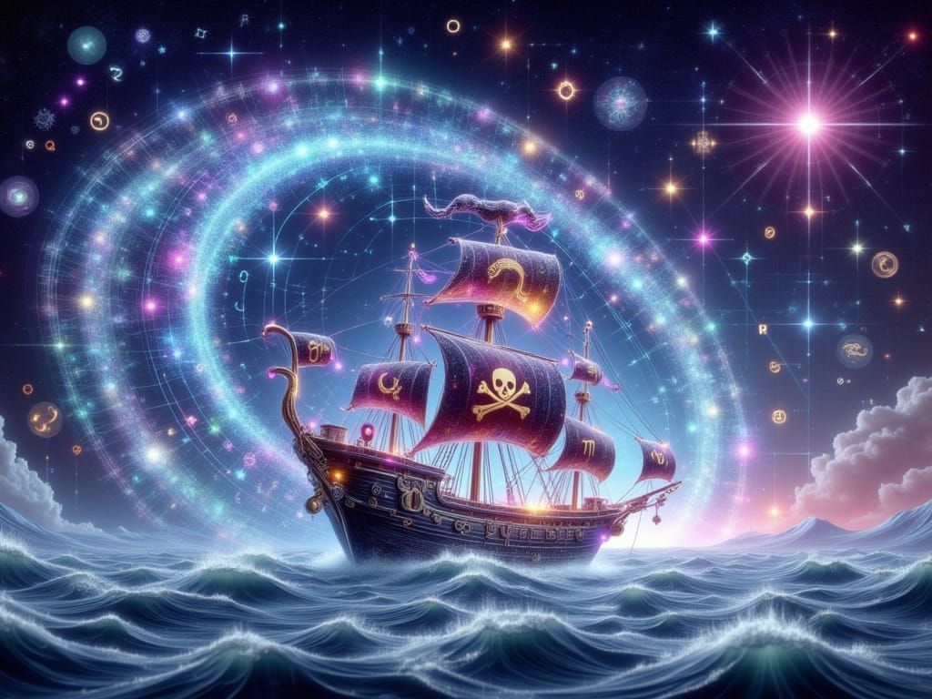 <lora:FiosZodiacSigns1:1.0> Pirate ship in a cosmic seascape