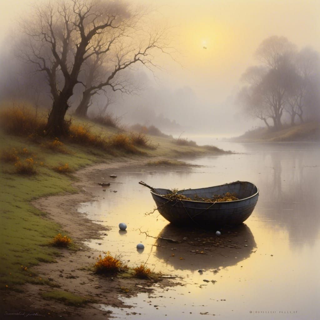  <lora:shelly:1.0> bucket stranded on the misty shoreline<lora:Mystic Surrealism:1.0>