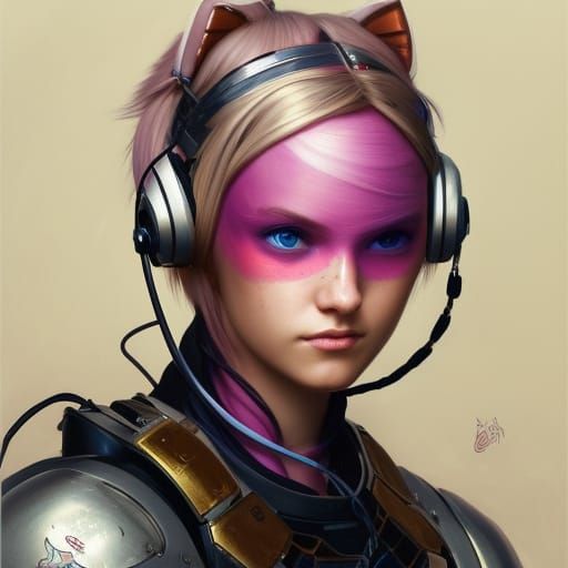 blonde haired gamer girl with pink kitty headphones in epic heavy ...