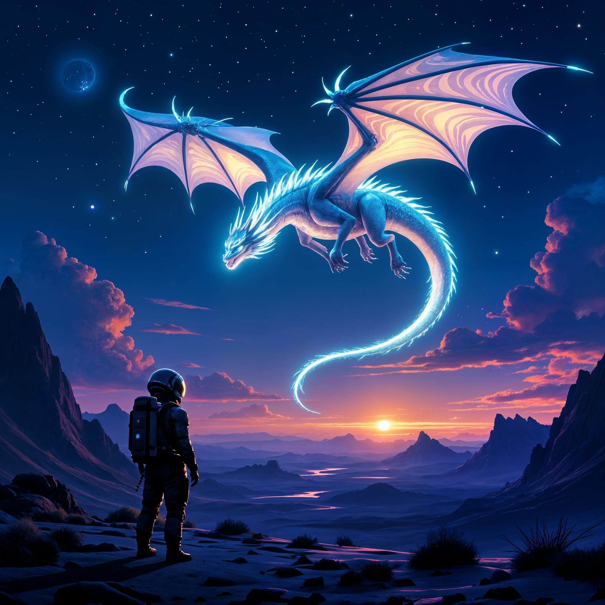 A bioluminescent dragon soars through the midnight sky, its scales shimmering with an ethereal glow. Below, an astronaut gazes up in awe fro...