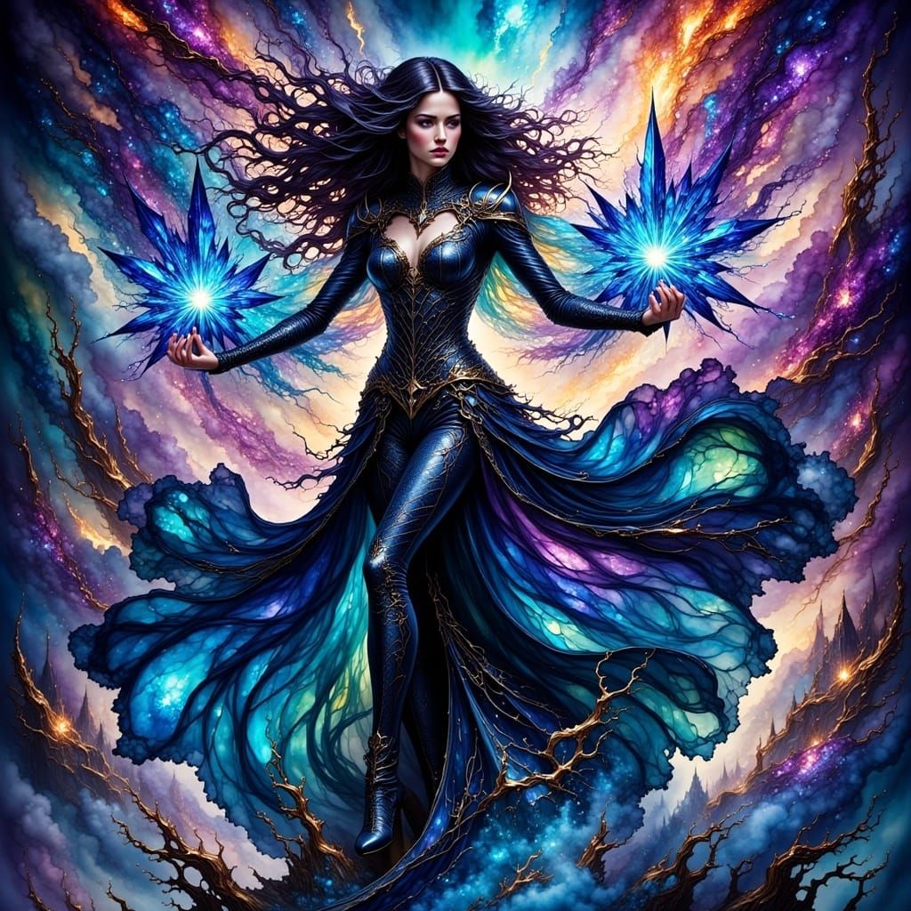 Epic gleeful fantasy storm 
sorceress <lora:Fantasy Ink Flux:1.0> , alcohol-ink masterpiece