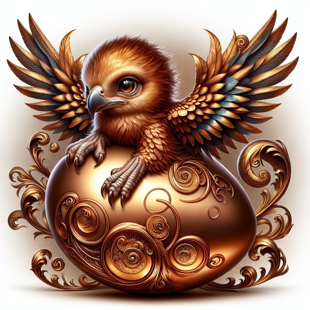 an adorable baby griffin with feathers reminiscent of gold coins ...