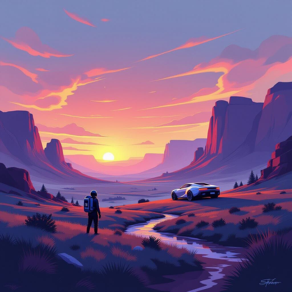 Vibrant Airbrushed Landscape Mural in Futuristic Style