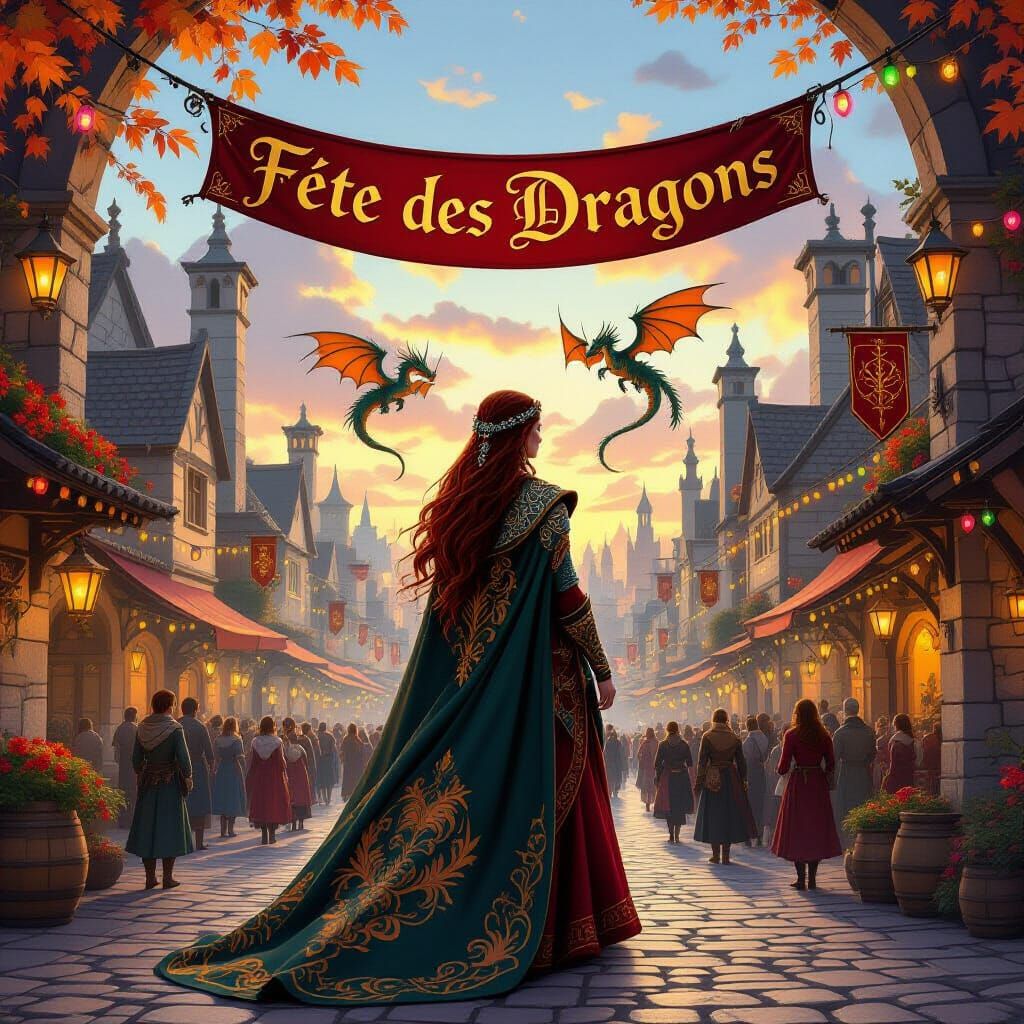 A dragon queen seen from behind, standing proudly in the heart of a Celtic-inspired fantasy city, wearing ...  by @Miss Dragons