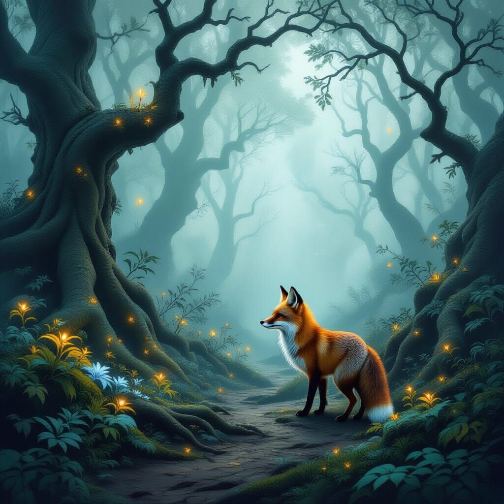 A lone fox, with fur the color of burnt sienna and deep umber, embarks on an exploration through a mystical, fog-laden forest. Ancient trees...