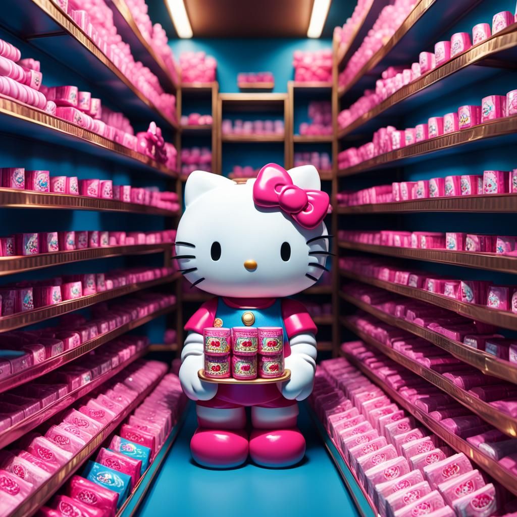 Hyperrealistic Hello Kitty pink packages of candies aginst a...
