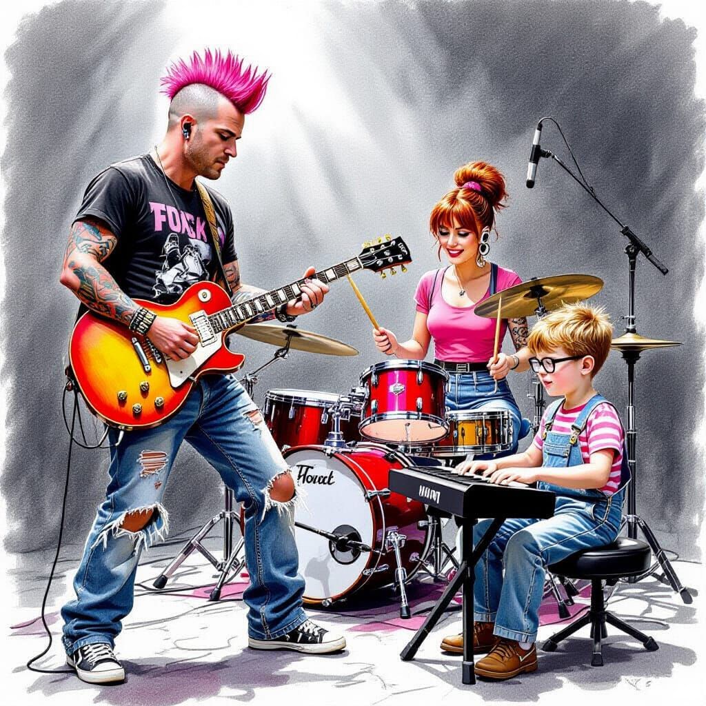 Rock Band Performance in Charcoal Drawing Style