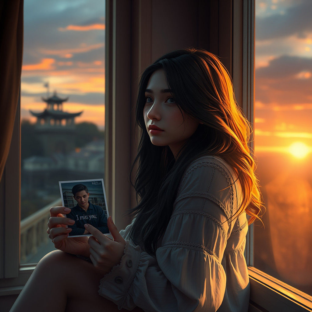 Woman Missing Boyfriend at Sunset, Digital Art