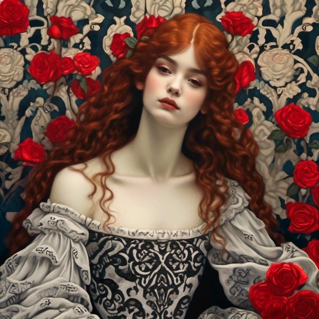 pentimento Style celestial painting of Victorian bohemian artist muse girl with red bouquet of roses.  Messy studio, scarves, chaise, bohemi...
