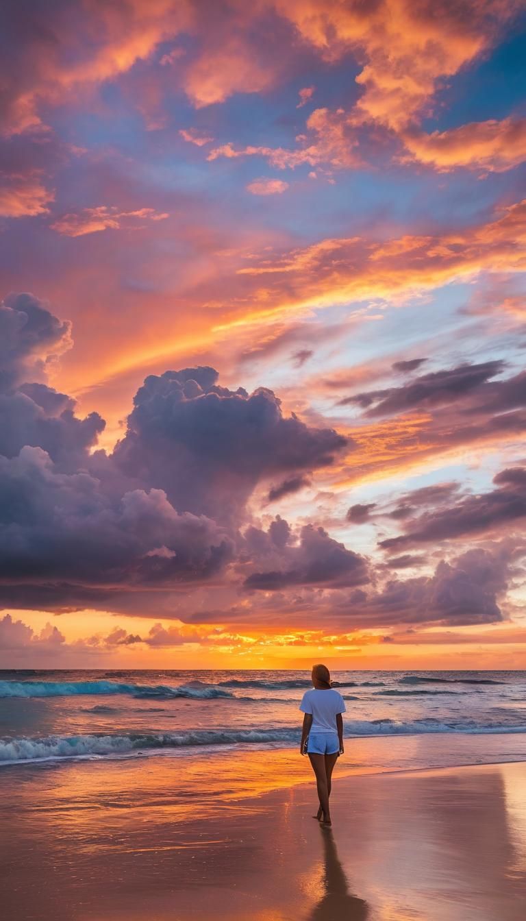 A stunning sunset scene on a beach. A lone woman stands on t...