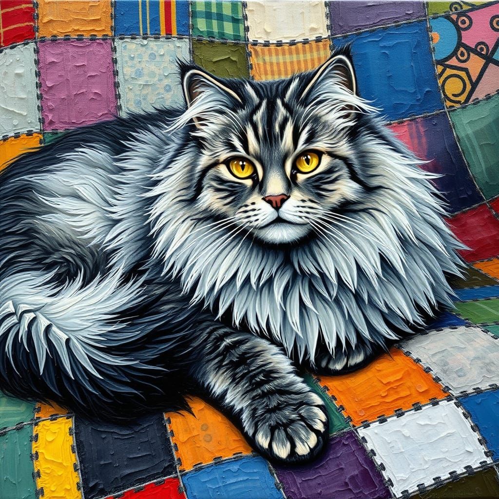 Impasto Painting of Grey Norwegian Forest Cat on Colorful Pa...