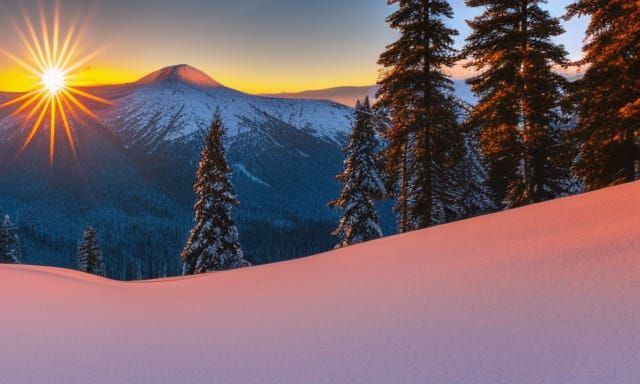 A snowy forest with a huge mountain behind it, and a huge su...