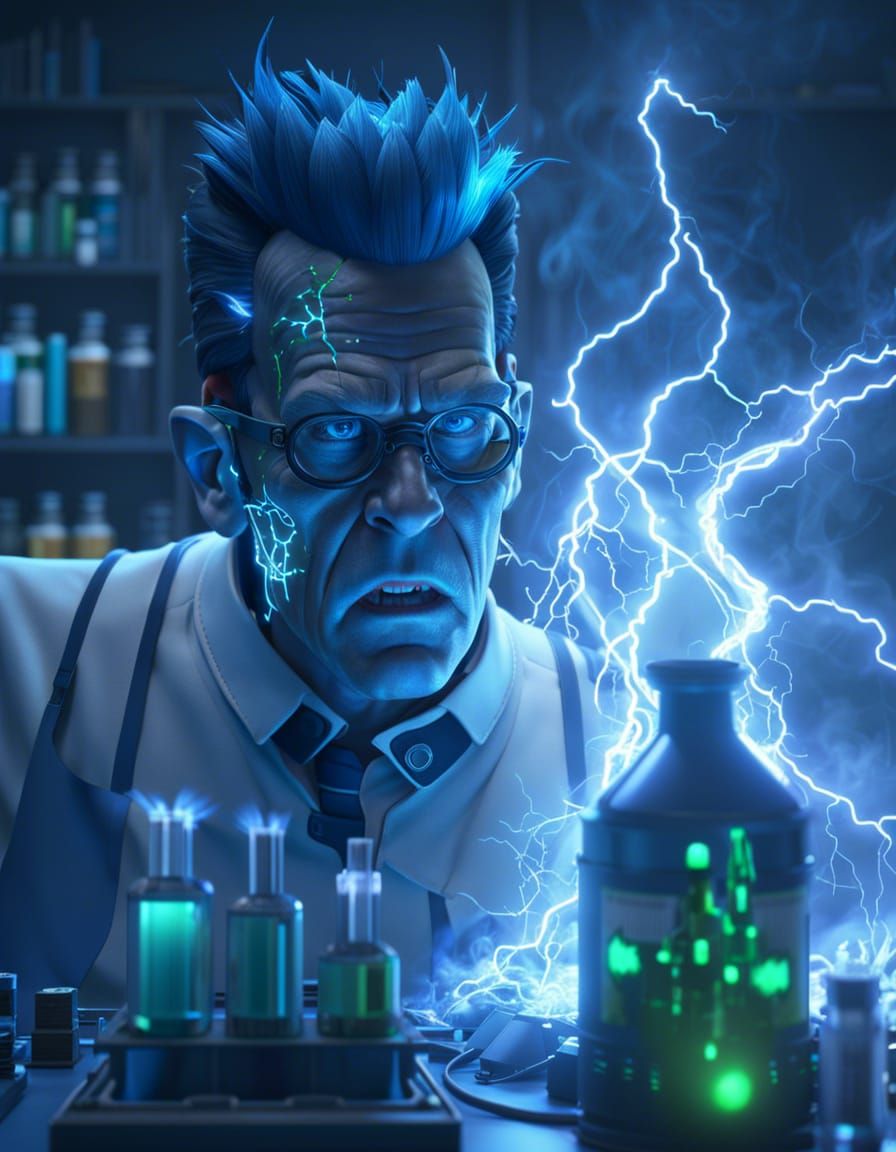 mad scientist creating blue skin frankenstein with neon sparks and ...