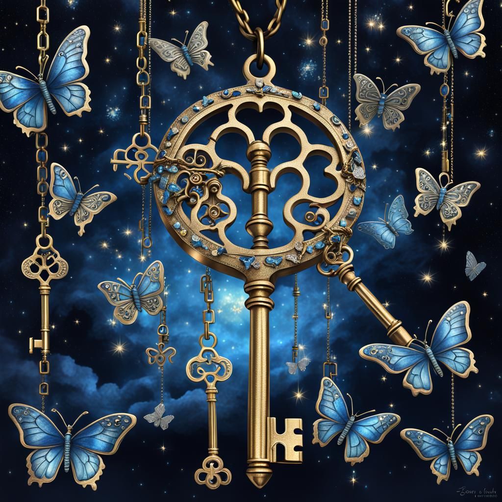 A surrealistic painting of antique brass skeleton keys floating in a shimmering midnight blue starlit ...  by @artistrycreations 