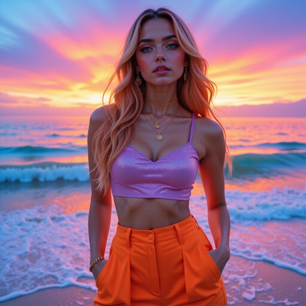 <lora:Editorial:1.0> a beautiful woman. Vaporwave merges with impressionism. vivid gradients of blue, fuchsia, orange, lilac, glitter, and g...